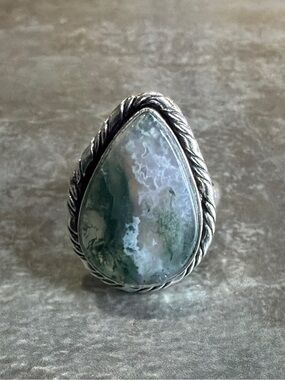 Silver 925 Ring Size 9 Adjustable Women Jewelry Moss Agate Gemstone Vintage Boho